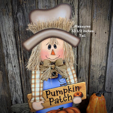 Load image into Gallery viewer, Scarecrow for Fall decoration, Pumpkin sign for porch, Hello Fall sign, Wooden Scarecrow with hat, Halloween porch decor, Thanksgiving decor
