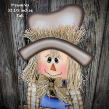Load image into Gallery viewer, Scarecrow for Fall decoration, Pumpkin sign for porch, Hello Fall sign, Wooden Scarecrow with hat, Halloween porch decor, Thanksgiving decor
