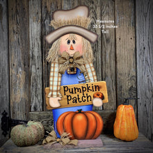 Load image into Gallery viewer, Scarecrow for Fall decoration, Pumpkin sign for porch, Hello Fall sign, Wooden Scarecrow with hat, Halloween porch decor, Thanksgiving decor
