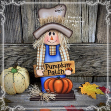 Load image into Gallery viewer, Fall Scarecrow decoration, tier tray, kitchen fall arrangement, cute pumpkin patch sign, fall home decor, Halloween, Farmhouse, Thanksgiving
