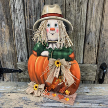 Load image into Gallery viewer, Scarecrow, Pumpkin centerpiece, Fall wood decor, Thanksgiving porch decor, Primitive Scarecrow on pumpkin sign, Fall arrangement, Halloween
