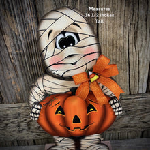 Load image into Gallery viewer, Halloween decoration, Mummy, Jack-o-lantern pumpkin centerpiece, Mummy shelf sitter, Halloween table decor, Candy corn, Fall Farmhouse decor
