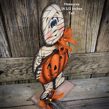 Load image into Gallery viewer, Halloween decoration, Mummy, Jack-o-lantern pumpkin centerpiece, Mummy shelf sitter, Halloween table decor, Candy corn, Fall Farmhouse decor
