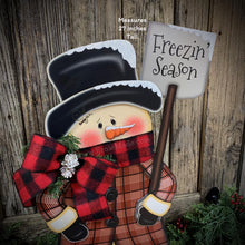 Load image into Gallery viewer, Snowman decoration, Snowman wood decor, Primitive Christmas Snowman, wood Snowman with base, Winter porch decoration, Christmas Wood decor
