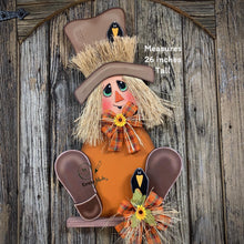 Load image into Gallery viewer, Fall door hanger, Scarecrow door decor, Scarecrow porch decor, Thanksgiving Door Hanger, Halloween door hanger, Sitting Scarecrow with hat
