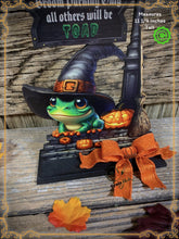 Load image into Gallery viewer, Halloween Decoration, Witch broom parking sign, cute frog with witch hat, Jack o lantern pumpkin, Halloween Witch decor for table or shelf

