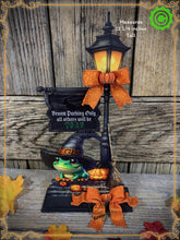 Load image into Gallery viewer, Halloween Decoration, Witch broom parking sign, cute frog with witch hat, Jack o lantern pumpkin, Halloween Witch decor for table or shelf
