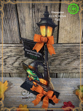 Load image into Gallery viewer, Halloween Decoration, Witch broom parking sign, cute frog with witch hat, Jack o lantern pumpkin, Halloween Witch decor for table or shelf

