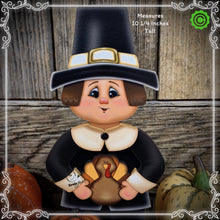 Load image into Gallery viewer, Thanksgiving decoration, Pilgrim and Turkey decor for table, Autumn shelf sitter, Tiered tray, Fall centerpiece, Pilgrim with pumpkin decor
