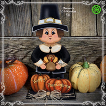 Load image into Gallery viewer, Thanksgiving decoration, Pilgrim and Turkey decor for table, Autumn shelf sitter, Tiered tray, Fall centerpiece, Pilgrim with pumpkin decor
