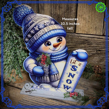 Load image into Gallery viewer, Snowman decoration, Shelf sitter Snowman, Blue and Silver Christmas decor, Winter tiered tray decor, let it snow sign, Wooden Snowman decor
