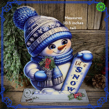 Load image into Gallery viewer, Snowman decoration, Shelf sitter Snowman, Blue and Silver Christmas decor, Winter tiered tray decor, let it snow sign, Wooden Snowman decor
