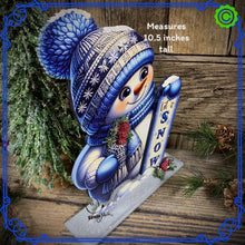 Load image into Gallery viewer, Snowman decoration, Shelf sitter Snowman, Blue and Silver Christmas decor, Winter tiered tray decor, let it snow sign, Wooden Snowman decor
