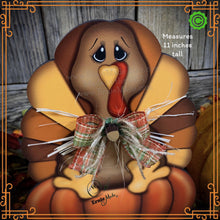 Load image into Gallery viewer, Thanksgiving decoration, Turkey and pumpkin, Autumn floral arrangement for table, shelf, Fall mantle decor Tiered tray, cute wooden Turkey
