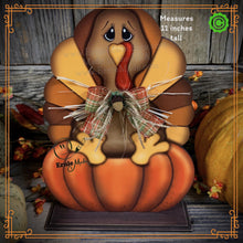 Load image into Gallery viewer, Thanksgiving decoration, Turkey and pumpkin, Autumn floral arrangement for table, shelf, Fall mantle decor Tiered tray, cute wooden Turkey
