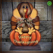 Load image into Gallery viewer, Thanksgiving decoration, Turkey and pumpkin, Autumn floral arrangement for table, shelf, Fall mantle decor Tiered tray, cute wooden Turkey
