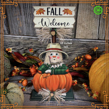 Load image into Gallery viewer, Fall Scarecrow decoration, tier tray, kitchen island fall arrangement, riser decor, wooden shelf sitter, Halloween, Farmhouse, Thanksgiving

