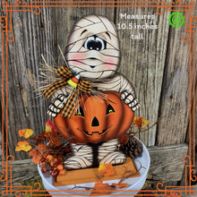 Load image into Gallery viewer, Halloween decoration, Mummy, Jack-o-lantern, pumpkin tier tray decor, Mummy shelf sitter, Halloween, Candy corn decor, Farmhouse fall decor,
