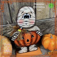 Load image into Gallery viewer, Halloween decoration, Mummy, Jack-o-lantern, pumpkin tier tray decor, Mummy shelf sitter, Halloween, Candy corn decor, Farmhouse fall decor,
