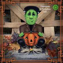 Load image into Gallery viewer, Frankenstein, Cute Halloween Monster, tiered tray, jack-o-lantern pumpkin decoration, Halloween decoration, Wooden Frankenstein and pumpkin
