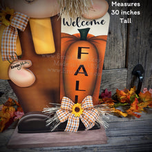 Load image into Gallery viewer, Fall decoration, Scarecrow and Pumpkin, Thanksgiving arrangement for table, cute Halloween, autumn floral, Welcome Fall sign for entryway
