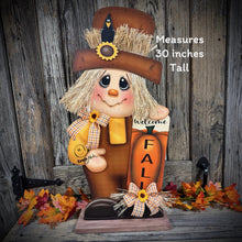 Load image into Gallery viewer, Fall decoration, Scarecrow and Pumpkin, Thanksgiving arrangement for table, cute Halloween, autumn floral, Welcome Fall sign for entryway
