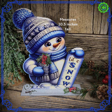 Load image into Gallery viewer, Snowman decoration, Shelf sitter Snowman, Blue and Silver Christmas decor, Winter tiered tray decor, let it snow sign, Wooden Snowman decor
