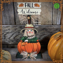Load image into Gallery viewer, Fall Scarecrow decoration, tier tray, kitchen island fall arrangement, riser decor, wooden shelf sitter, Halloween, Farmhouse, Thanksgiving

