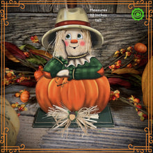 Load image into Gallery viewer, Fall Scarecrow decoration, tier tray, kitchen island fall arrangement, riser decor, wooden shelf sitter, Halloween, Farmhouse, Thanksgiving
