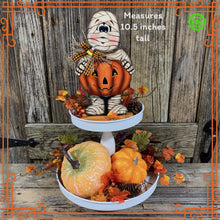 Load image into Gallery viewer, Halloween decoration, Mummy, Jack-o-lantern, pumpkin tier tray decor, Mummy shelf sitter, Halloween, Candy corn decor, Farmhouse fall decor,
