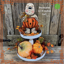 Load image into Gallery viewer, Halloween decoration, Mummy, Jack-o-lantern, pumpkin tier tray decor, Mummy shelf sitter, Halloween, Candy corn decor, Farmhouse fall decor,
