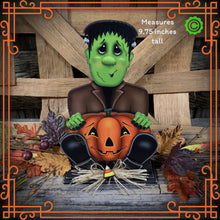 Load image into Gallery viewer, Frankenstein, Cute Halloween Monster, tiered tray, jack-o-lantern pumpkin decoration, Halloween decoration, Wooden Frankenstein and pumpkin
