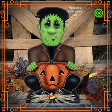 Load image into Gallery viewer, Frankenstein, Cute Halloween Monster, tiered tray, jack-o-lantern pumpkin decoration, Halloween decoration, Wooden Frankenstein and pumpkin
