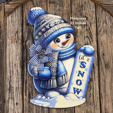 Load image into Gallery viewer, Christmas Snowman door hanger for Winter, Blue and white Snowman with scarf and hat, front door wreath, cute Wooden Snowman let it snow sign
