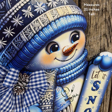 Load image into Gallery viewer, Christmas Snowman door hanger for Winter, Blue and white Snowman with scarf and hat, front door wreath, cute Wooden Snowman let it snow sign
