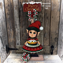 Load image into Gallery viewer, Elf Decoration for Christmas, Baking elf girl, North Pole sign, Farmhouse wooden elf with sign, Gingerbread decor, Holiday elf centerpiece
