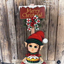Load image into Gallery viewer, Elf Decoration for Christmas, Baking elf girl, North Pole sign, Farmhouse wooden elf with sign, Gingerbread decor, Holiday elf centerpiece
