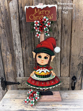 Load image into Gallery viewer, Elf Decoration for Christmas, Baking elf girl, North Pole sign, Farmhouse wooden elf with sign, Gingerbread decor, Holiday elf centerpiece
