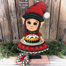 Load image into Gallery viewer, Elf Decoration for Christmas, Baking elf girl, North Pole sign, Farmhouse wooden elf with sign, Gingerbread decor, Holiday elf centerpiece
