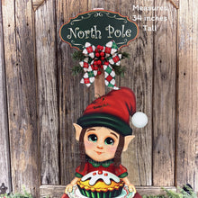 Load image into Gallery viewer, Elf Decoration for Christmas, Baking elf girl, North Pole sign, Farmhouse wooden elf with sign, Gingerbread decor, Holiday elf centerpiece
