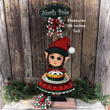 Load image into Gallery viewer, Elf Decoration for Christmas, Baking elf girl, North Pole sign, Farmhouse wooden elf with sign, Gingerbread decor, Holiday elf centerpiece
