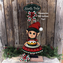 Load image into Gallery viewer, Elf Decoration for Christmas, Baking elf girl, North Pole sign, Farmhouse wooden elf with sign, Gingerbread decor, Holiday elf centerpiece

