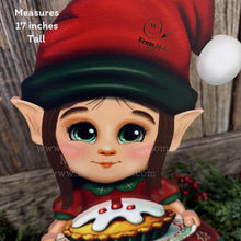 Load image into Gallery viewer, Christmas girl elf decoration, Holiday tiered tray, Elf shelf sitter, Christmas Elf sweets table decor, Kitchen Gingerbread, baking elf girl
