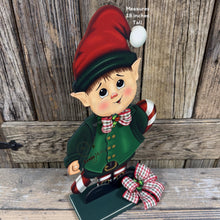 Load image into Gallery viewer, Christmas elf decoration, Holiday tiered tray, Boy Elf shelf sitter, Christmas Elf, sweets kitchen table decor, Candy Cane Gingerbread, elf
