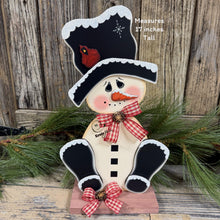 Load image into Gallery viewer, Snowman decoration for Winter, tiered tray shelf sitter, Frosty Snow decor, Wooden sitting Snowman with red Cardinal, countertop centerpiece
