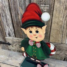 Load image into Gallery viewer, Christmas elf decoration, Holiday tiered tray, Boy Elf shelf sitter, Christmas Elf, sweets kitchen table decor, Candy Cane Gingerbread, elf
