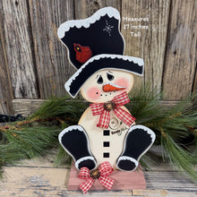 Load image into Gallery viewer, Snowman decoration for Winter, tiered tray shelf sitter, Frosty Snow decor, Wooden sitting Snowman with red Cardinal, countertop centerpiece
