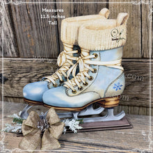 Load image into Gallery viewer, Vintage Ice Skates decoration, Wooden painted antique style Skates on base Farmhouse winter snowman decor for tiered tray, mantel, table-top
