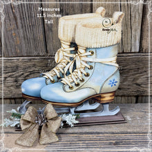 Load image into Gallery viewer, Vintage Ice Skates decoration, Wooden painted antique style Skates on base Farmhouse winter snowman decor for tiered tray, mantel, table-top
