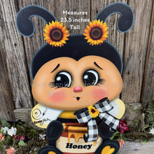 Load image into Gallery viewer, Bee decoration for summer, Bee floral arrangement, Wooden Bee with stand, Queen Bee, cute bumble Bee, entry way, shelf, garden, porch decor
